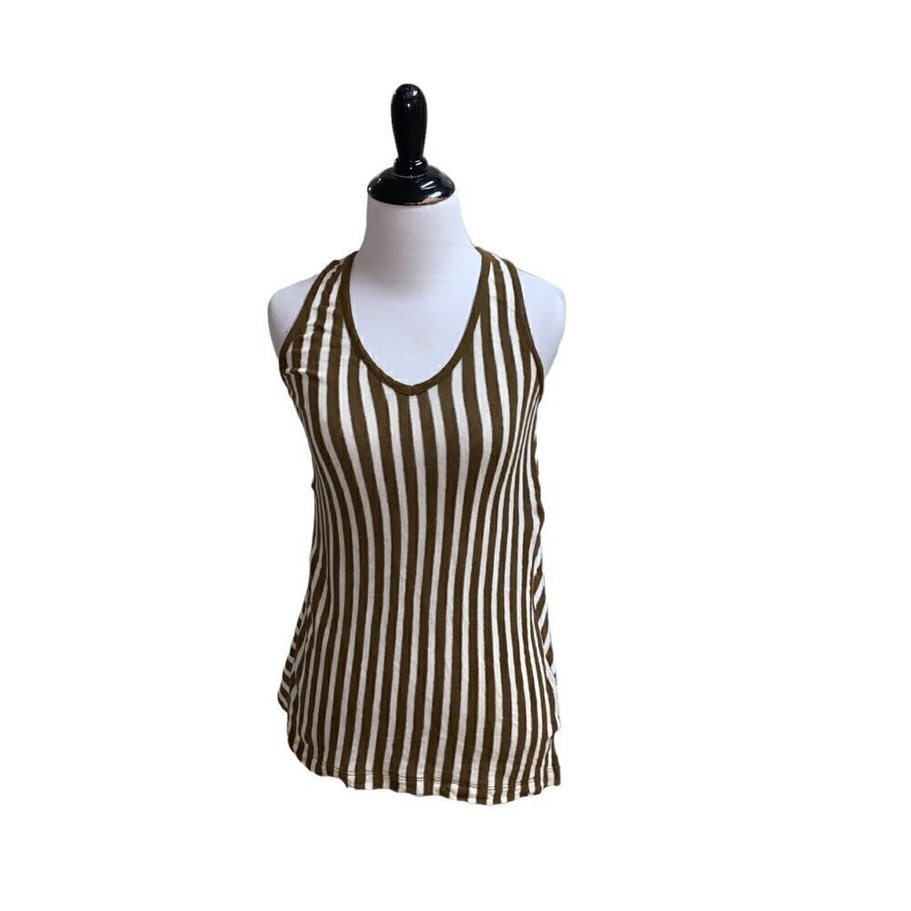 Madewell Women's Tank Top Size XS Knit Striped Cotton Linen Blend Olive White